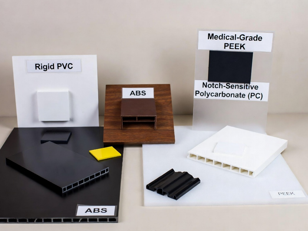 Thermoplastic material selection for custom plastic profiles, featuring rigid PVC, ABS, notch-sensitive Polycarbonate (PC), and medical-grade PEEK for specialized extrusion applications. Thermoplastic material selection for custom plastic profiles, featuring rigid PVC, ABS, notch-sensitive Polycarbonate (PC), and medical-grade PEEK for specialized extrusion applications.