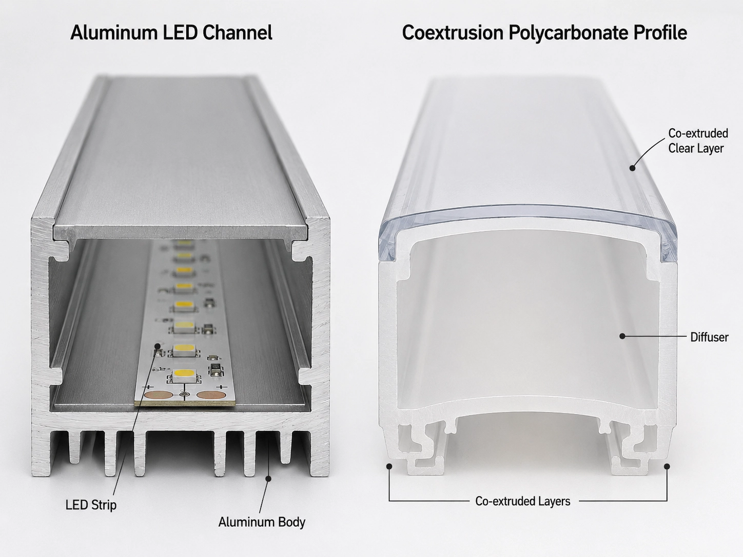 Cross-section comparison of aluminum LED channel vs coextrusion polycarbonate profile for industrial lighting